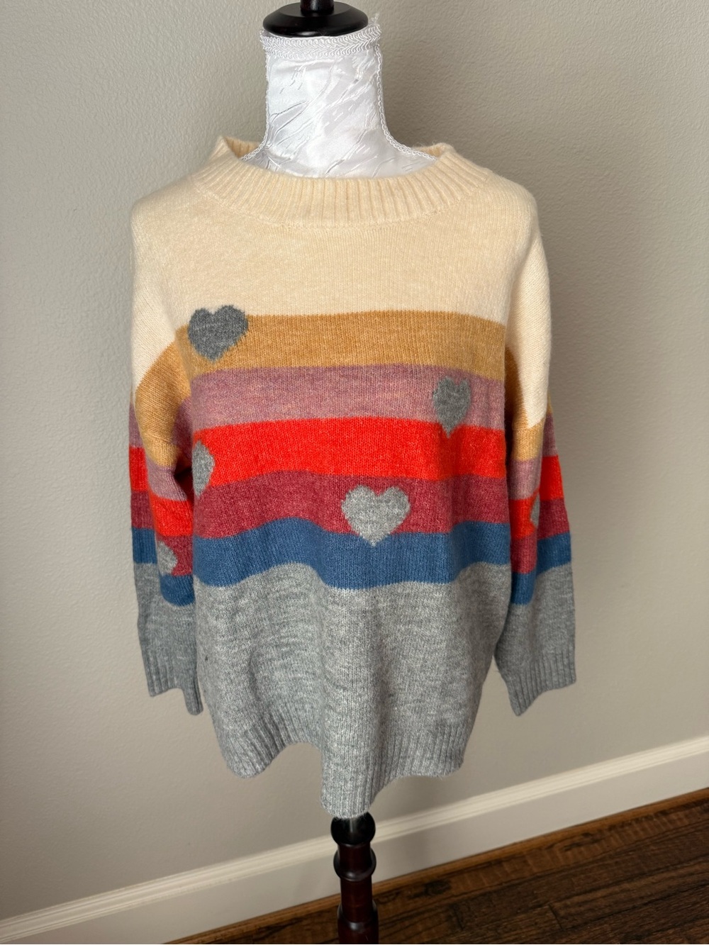 Crewneck Heart Stripe Sweater in Cream Multi